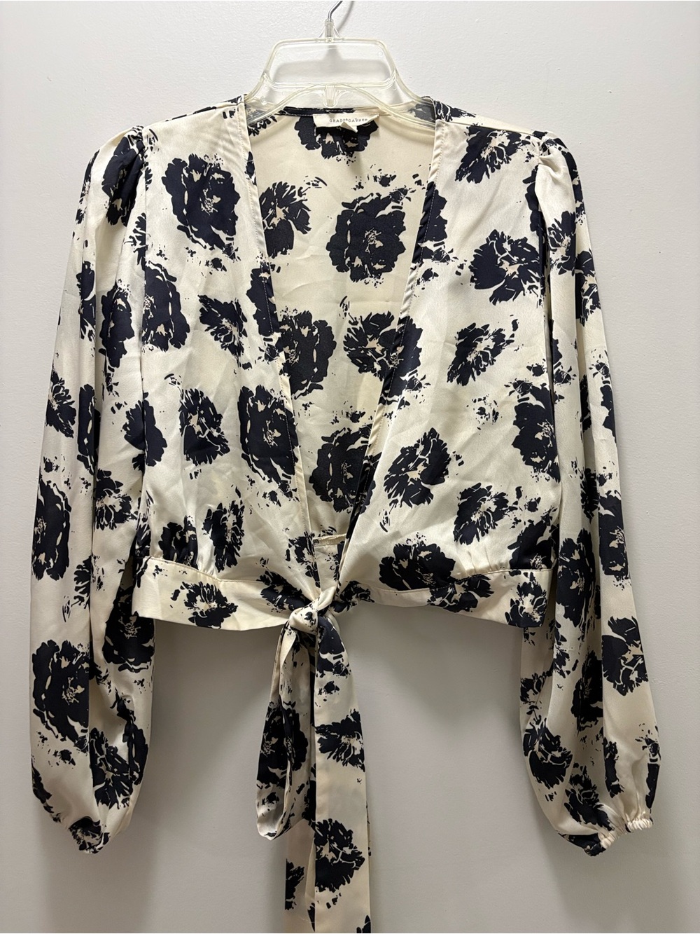 Tie-Front Floral Blouse in Cream and Black